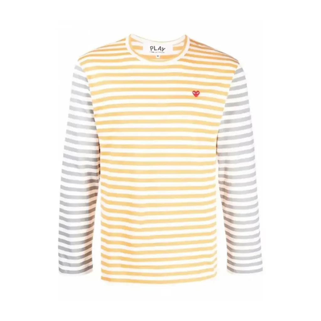 Comme des Garcons PLAY Play Embroidered Logo Striped Long Sleeve Tee Yellow Grey