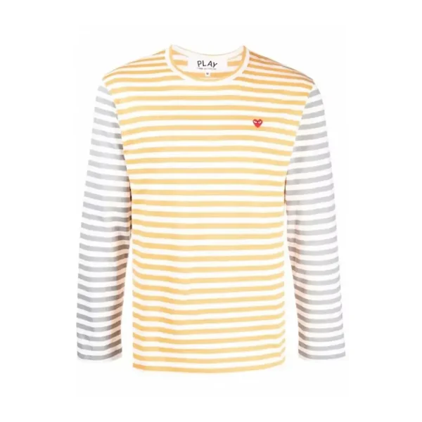 Comme des Garcons PLAY Play Embroidered Logo Striped Long Sleeve Tee Yellow Grey