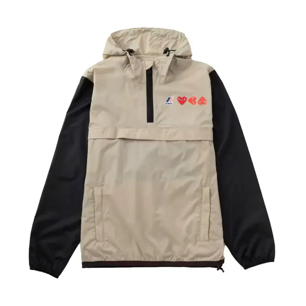 Comme des Garcons PLAY Play x K-Way Logos Half Zip Jacket Beige Black Front